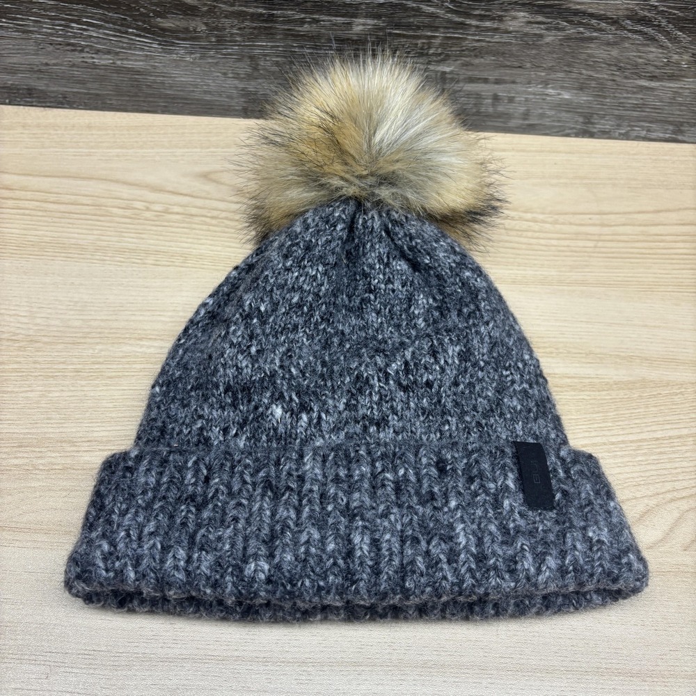 Bula Hat Beanie Fitted Gray‎ Black Pom Pom Knit Fleece Lined Winter Womens